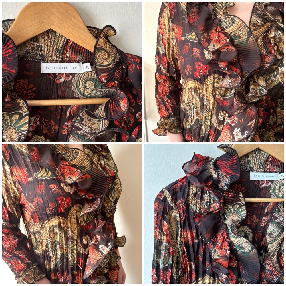 Vintage 90s Laura Petites Ruffled Button Front Pleated Floral and Paisley Blouse - Picture 2 of 15